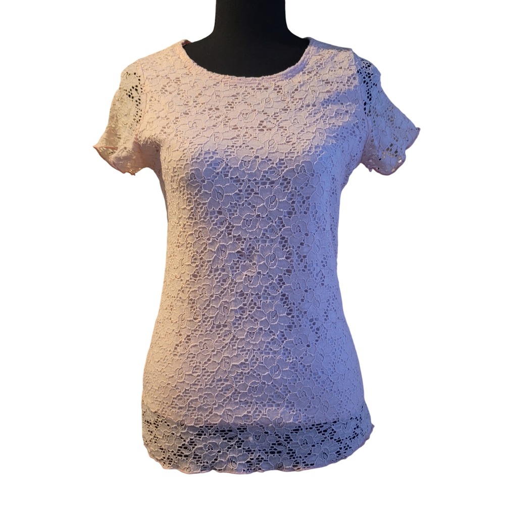 Brittany Black Top‎ M Pink Floral Lace Short Sleeve Lined Cottagecore Blouse Y2K